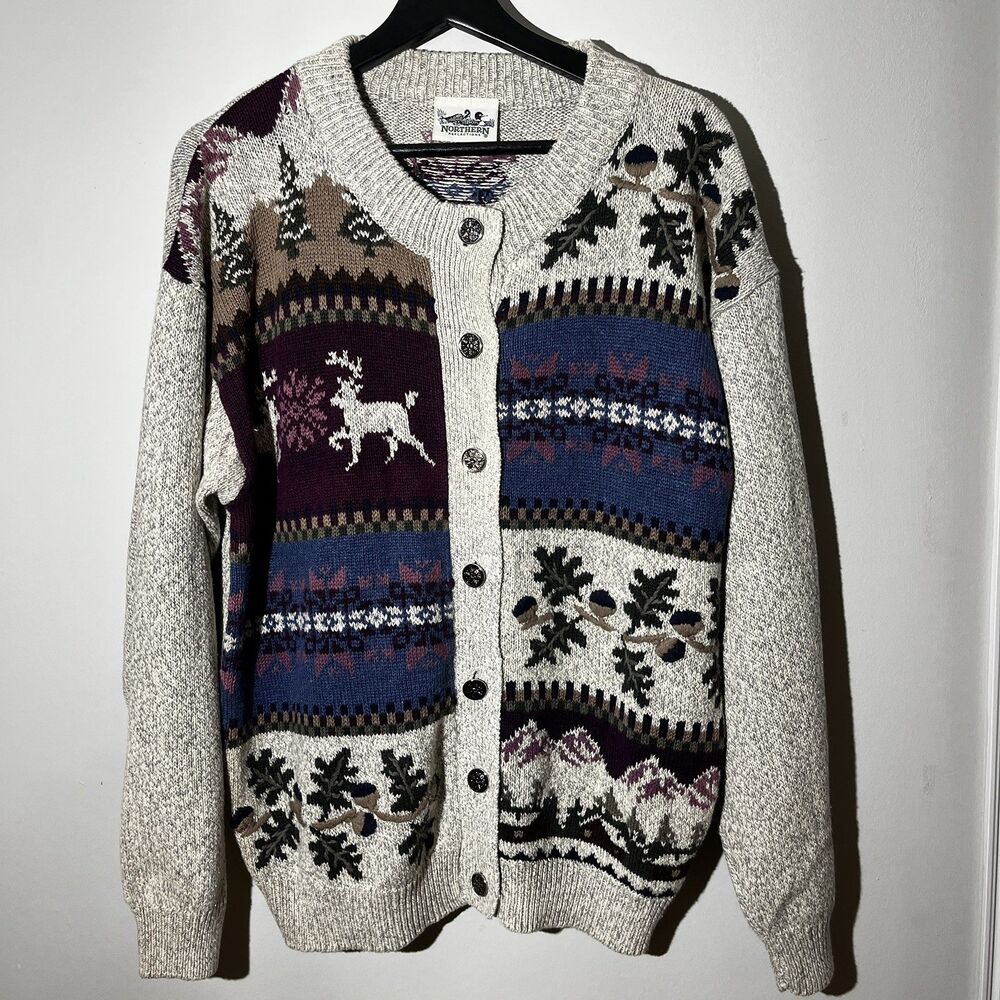 Vintage Northern Reflections Cardigan Sweater Cottagecore Ski Lodge Reindeer
